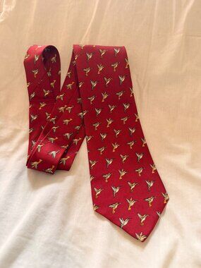 Tiffany & Co. Vintage Mens Red w/ Hummingbird Pattern Silk Neck Tie
